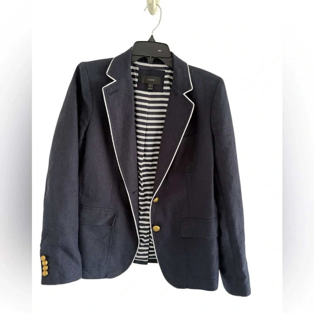 J. Crew Dark Blue linen Blazer with white piping and Gold button Accents - Picture 4 of 9
